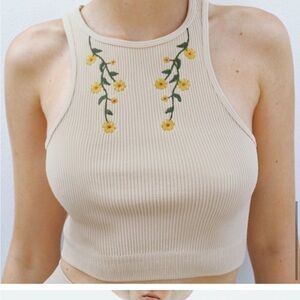 Zara Beige Floral Embroidery Ribbed Crop Top